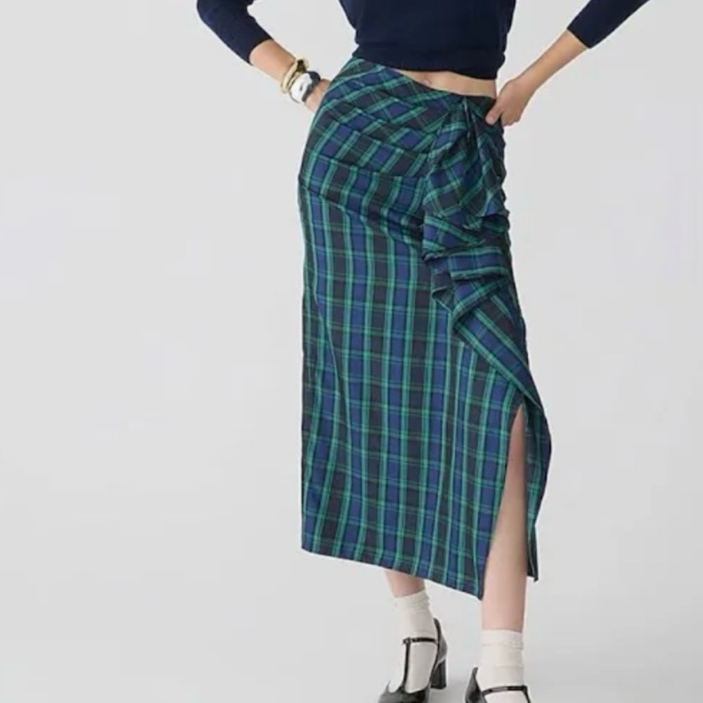 J. Crew Collection Asymmetrical Long Raffle Plaid Skirt in Green and Blue